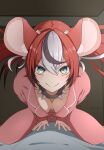  1girl 1other absurdres alternate_costume animal_ear_fluff animal_ears arm_support bed_sheet black_hair black_streaks blue_eyes blush breasts cheese collar commentary dice_hair_ornament double-parted_bangs downblouse extended_downblouse food good_morning_my_brother!_(meme) hair_between_eyes hair_ornament hakos_baelz highres hololive hololive_english leaning_forward looking_at_viewer medium_breasts meme mouse_ears mouse_tail multicolored_hair pajamas pink_pajamas red_hair scene_reference sitting sitting_on_person smile soup_(soupysoull) spiked_collar spikes straddling tail twintails uneven_twintails v-shaped_eyebrows virtual_youtuber white_hair 