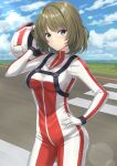  1girl aqua_eyes blue_sky breasts brown_hair cloud cowboy_shot day helmet highres holding holding_helmet idolmaster idolmaster_cinderella_girls medium_breasts monoku motorcycle_helmet outdoors pilot_suit racetrack racing_suit short_hair sky smile solo standing takagaki_kaede 