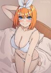  1girl absurdres arm_behind_head bangs bare_legs barefoot bed bed_sheet blue_eyes blush bra breasts cleavage closed_mouth collarbone from_above go-toubun_no_hanayome hair_ribbon highres irarei_(araisanblog) kneeling large_breasts looking_at_viewer midriff mole mole_on_breast nakano_yotsuba navel orange_hair panties ribbon shiny shiny_skin short_hair smile solo stomach twitter_username underwear underwear_only white_bra white_panties white_ribbon 