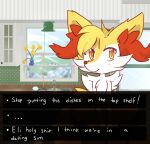 2017 anthro appliance arm_tuft big_ears big_tail biped blush blush_lines braixen cabinet cheek_tuft curled_tail dating_sim dialogue digital_drawing_(artwork) digital_media_(artwork) door elbow_tuft eli_(fiddleafox) ellipsis english_text exclamation_point eyelashes facial_tuft fiddleafox flower fluffy fluffy_tail fur gameplay_mechanics generation_6_pokemon grass handpaw hands_together inner_ear_fluff inside kitchen kitchen_appliance kitchen_cabinet kitchen_counter kitchen_sink kitchen_stove lamp looking_at_viewer male multiple_choice name_in_dialogue nintendo nude orange_body orange_eyes orange_fur orange_nose paws plant plant_pot pokemon pokemon_(species) potted_plant profanity river shoulder_tuft sink smile soap solo solo_focus standing stove tail text tuft user_interface visual_novel_interface wall_(structure) white_body white_fur window yellow_body yellow_flower yellow_fur