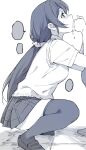  1boy 1girl blush censored duke_(inu_daimyou) fellatio greyscale hair_ornament hair_scrunchie hetero long_hair looking_up love_live! love_live!_school_idol_project low_twintails monochrome oral school_uniform scrunchie simple_background squatting sweater_vest thighhighs toujou_nozomi twintails white_background 