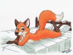 anthro bed bed_sheet bedding breasts brown_body brown_eyes brown_fur butt canid canine claws dipstick_tail eyelashes female finger_claws fox fur furniture head_tuft hi_res looking_at_viewer lying maid_marian mammal markings nude nude_female on_front orange_body orange_fur pawpads pillow raised_foot raised_tail red_fox ring smile smiling_at_viewer solo tail tail_markings toe_claws true_fox tuft white_body white_fur zaeryn