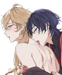  2boys aether_(genshin_impact) blonde_hair blood blood_on_hands genshin_impact highres liann1009 licking_back long_hair looking_at_viewer looking_to_the_side multiple_boys purple_eyes purple_hair red_eyeliner scaramouche_(genshin_impact) short_hair yaoi yellow_eyes 