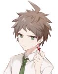  1boy ahoge bangs blush brown_eyes brown_hair collared_shirt commentary_request danganronpa_(series) danganronpa_2:_goodbye_despair earrings green_necktie grey_background grey_shirt hand_up hinata_hajime jewelry male_focus midou_(grk12138) necktie portrait shiny shiny_hair shirt short_hair simple_background solo 