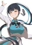  1girl absurdres arm_at_side arm_up black_hair black_shoes blue_hair blue_shirt blunt_bangs breasts brown_eyes collared_shirt colored_inner_hair contrapposto cropped_jacket floating_hair framed_breasts grin hair_ribbon high_ponytail highres jacket kaekae_kaeru lapels large_breasts loafers long_hair long_sleeves multicolored_hair nijisanji notched_lapels official_alternate_hair_length official_alternate_hairstyle pleated_skirt ponytail ribbon school_uniform shirt shoes sidelocks simple_background skirt slit_pupils smile solo throwing unworn_shoes upper_body very_long_hair virtual_youtuber white_background white_jacket white_skirt wispy_bangs yamagami_karuta yamagami_karuta_(6th_costume) 