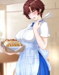  1girl apron blue_ribbon blue_skirt blush bread breasts brown_hair food freckles hand_up highres holding_tongs indoors large_breasts musizusi00199 neck_ribbon open_mouth plaid plaid_apron ribbon sanpaku shirt short_hair short_sleeves skirt solo standing sweat tongs white_shirt 