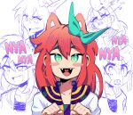  1girl absurdres animal_ears aubrey_(omori) blush blush_stickers cat_ears collarbone fangs green_eyes heart heart_in_mouth highres long_hair looking_at_viewer omori open_mouth partially_colored pink_hair remi_(mozzaremi) smile tongue upper_body 