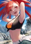  1girl :d armpits arms_behind_back asymmetrical_bangs bangs belt black_shirt blue_sky blurry blurry_background breasts cleavage fagi_(kakikaki) flannery_(pokemon) green_pants long_hair looking_to_the_side midriff navel outdoors pants pokemon pokemon_(game) pokemon_oras ponytail red_bandeau red_eyes red_hair rock shirt sky sleeveless sleeveless_shirt smile solo teeth tied_shirt upper_teeth white_belt 