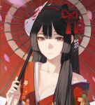  1girl absurdres bangs black_eyes black_hair breasts cleavage closed_mouth flower hair_flower hair_ornament hand_up highres holding holding_umbrella japanese_clothes kimono long_hair looking_at_viewer mask mask_on_head medium_breasts original petals solo umbrella upper_body wave_61 