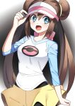  1girl :d absurdres aqua_eyes bangs black_pantyhose blush bright_pupils commentary double_bun hair_between_eyes hair_bun hand_on_headwear happy highres long_hair open_mouth pantyhose pokemon pokemon_(game) pokemon_bw2 raglan_sleeves rosa_(pokemon) shirt short_shorts shorts smile solo tongue twintails visor_cap white_pupils yellow_shorts yuihico 