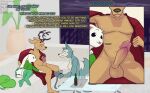  absurd_res anthro beastars blush bodily_fluids canid canine canis clothing comic deer female furniture group haru_(beastars) hi_res kneeling lagomorph legoshi_(beastars) legwear leporid louis_(beastars) male mammal rabbit robe robe_only saliva sitting sofa stockings tenge_mage text tongue tongue_out trio wolf 