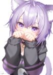  1girl ahoge animal_ear_fluff animal_ears bangs black_collar black_hoodie cat_ears cat_tail collar covering_mouth hair_between_eyes hands_up highres hololive hood hoodie light_particles long_sleeves looking_at_viewer nekomata_okayu purple_eyes purple_hair ryota_(ry_o_ta) signature simple_background sleeves_past_wrists solo tail tail_raised upper_body virtual_youtuber white_background 