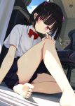  1girl arm_support bangs bare_legs barefoot black_hair blush bow bowtie chair commentary_request desk dutch_angle feet foreshortening gaming_chair hair_ornament hair_scrunchie hand_on_own_knee head_tilt indoors kamizaki_hibana legs long_legs looking_at_viewer medium_hair miniskirt on_ground original pink_eyes pleated_skirt red_bow red_bowtie school_uniform scrunchie shadow shiny shiny_skin shirt short_sleeves sitting skirt soles solo toes two_side_up white_shirt window 