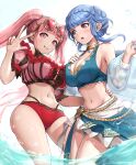  2girls absurdres alternate_costume ass_visible_through_thighs asymmetrical_docking bangs bikini black_bikini blue_bikini blue_hair blue_nails blunt_bangs blush braid breast_press breasts cleavage cloud commentary_request cross-laced_bikini cross-laced_clothes crown_braid diffraction_spikes eyewear_on_head fingernails fire_emblem fire_emblem:_three_houses fire_emblem_heroes frilled_bikini frills from_below glint gold_trim gonzarez grin hand_on_another&#039;s_waist hand_on_own_chest hand_up highres hilda_valentine_goneril large_breasts long_hair looking_at_another looking_at_viewer marianne_von_edmund multiple_girls nail_polish navel official_alternate_costume open_mouth pink_bikini pink_eyes pink_hair pink_nails shawl sidelocks sideways_glance sky smile sparkle sunglasses swimsuit teeth thighs twintails w wading water 