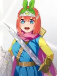  1girl :d belt blue_eyes breasts brown_belt brown_gloves cape circlet cosplay dragon_quest dragon_quest_iii gloves go-toubun_no_hanayome green_ribbon hair_ribbon happy highres holding holding_shield holding_sword holding_weapon irarei_(araisanblog) large_breasts nakano_yotsuba open_mouth orange_hair purple_cape ribbon roto roto_(cosplay) sheath shield short_hair smile solo sword tunic weapon 