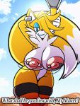  2022 3:4 animated anthro areola big_breasts breasts canid canine clothing cloud crossgender dipstick_tail english_text eyeshadow female fox front_view genitals huge_breasts legwear looking_at_viewer makeup mammal markings miles_prower mtf_crossgender nipple_piercing nipples outside piercing pussy sachasketchy sega short_playtime solo sonic_the_hedgehog_(series) tail_markings text 