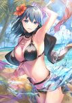  1girl arm_up armpits bangs bare_shoulders beard bikini black_bikini black_cape black_swimsuit blue_eyes blue_hair blue_sky breasts byleth_(fire_emblem) byleth_(fire_emblem)_(female) byleth_(summer)_(fire_emblem)_(female) cape cleavage cloud collarbone commentary_request cowboy_shot dagger day facial_hair fire_emblem fire_emblem:_three_houses fire_emblem_heroes flower hair_between_eyes hair_flower hair_ornament hibiscus highres holding holding_weapon knife large_breasts lens_flare long_hair looking_at_viewer navel ocean official_alternate_costume outdoors palm_tree parted_lips ribbon shadow sheath sheathed sidelocks sign signature sky smile solo standing stomach swimsuit tassel tree water_drop weapon wrist_ribbon yukimiyuki 