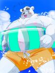  2022 3:4 anthro belly big_belly black_nose blue_eyes blush bottomwear clothing cloud devour1129 humanoid_hands japanese_text kemono male mammal moobs navel nipples outside overweight overweight_male polar_bear shorts solo swimwear text ursid ursine 