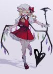  1girl ascot blonde_hair bow bow_legwear collared_shirt commentary_request crystal flandre_scarlet frilled_skirt frilled_sleeves frills gloves hat highres holding laevatein_(touhou) mary_janes medium_hair mob_cap plumapple3 puffy_short_sleeves puffy_sleeves red_bow red_eyes red_footwear red_skirt red_vest shirt shoes short_sleeves side_ponytail skirt skirt_set socks solo touhou vest white_gloves white_headwear white_shirt white_socks wings yellow_ascot 