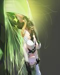  1girl absurdres armpits arms_up bangs between_breasts black_bodysuit bodysuit breasts brown_bodysuit closed_eyes cowboy_shot cream_bread detached_sleeves fishnets from_side glowing green_hair green_theme grey_background highres honkai_(series) honkai_impact_3rd layered_clothes long_hair mobius_(honkai_impact) parted_lips ribs solo string tube unconscious upside-down very_long_hair wet 