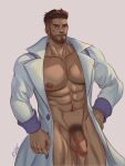  1boy abs absurdres artist_name bara bare_pectorals closed_mouth facial_hair flaccid grey_background highres k_sen212 labcoat large_pectorals male_focus male_pubic_hair muscular muscular_male naked_labcoat navel nipples nude open_clothes open_labcoat pectorals penis pokemon pokemon_(game) pokemon_sv pubic_hair short_hair simple_background solo testicles turo_(pokemon) undercut 