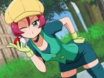  1girl aqua_eyes aqua_vest blurry blurry_background breasts cabbie_hat choker day georgia_(pokemon) gloves hair_between_eyes hand_on_hip hat holding holding_poke_ball looking_at_viewer miniskirt mori_hayaki one_eye_closed outdoors poke_ball pokemon pokemon_(anime) red_hair short_hair skirt small_breasts solo thighhighs yellow_gloves yellow_headwear zettai_ryouiki 