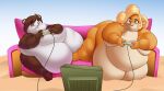  absurd_res activision anthro barefoot blush clothing coco_bandicoot crash_bandicoot_(series) duo eishikibahamut feet female female/female fur gaming green_eyes hi_res obese obese_anthro obese_female overweight overweight_anthro overweight_female swimwear television video_games weight_gain yaya_panda 