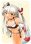  1girl amatsukaze_(kancolle) bikini breasts brown_eyes cowboy_shot frilled_bikini frills hair_tubes kantai_collection leaning_forward lifebuoy long_hair looking_at_viewer official_alternate_costume one-hour_drawing_challenge ray.s small_breasts smokestack_hair_ornament solo swimsuit two_side_up white_bikini white_hair 