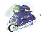  2girls arknights blue_hair ch&#039;en_(arknights) dragon_girl dragon_horns green_hair ground_vehicle highres horns hoshiguma_(arknights) long_hair lungmen_guard_department_logo motor_vehicle motorcycle multiple_girls nose_bubble oni_horns raincoat scoop404 single_horn tears twitter_username yellow_eyes 