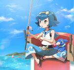  1girl alomomola blue_eyes blue_hair blue_pants blue_sailor_collar bright_pupils cloud commentary_request day eko000ohce fishing fishing_rod flip-flops food freckles glint goggles goggles_on_head highres holding holding_fishing_rod lana_(pokemon) mouth_hold no_sclera one-piece_swimsuit outdoors pants pokemon pokemon_(anime) pokemon_(creature) pokemon_sm_(anime) popplio popsicle rowlet sailor_collar sandals shirt short_hair sitting sky sleeveless sleeveless_shirt swimsuit swimsuit_under_clothes wave_print white_pupils white_shirt 
