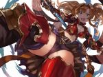  1girl ass_visible_through_thighs bangs belt blonde_hair blue_eyes braid breasts granblue_fantasy headband highres long_hair moutama open_mouth polearm red_armor solo spear spread_legs thighs twintails weapon zeta_(granblue_fantasy) 