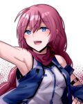  1girl :d absurdres arairev armpits bangs blue_eyes blue_gloves braid breasts commentary_request fingerless_gloves gloves hai_to_gensou_no_grimgar highres long_hair looking_at_viewer open_mouth red_hair single_braid smile solo teeth upper_body upper_teeth yume_(grimgar) 