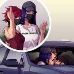  2girls arm_around_back baseball_cap blue_hair caitlyn_(league_of_legends) car ground_vehicle hat imagine_dragons kiss league_of_legends long_hair mask middle_finger motor_vehicle mouth_mask multiple_girls pink_hair shirt short_hair t-shirt talt_lo tank_top tattoo vi_(league_of_legends) waving yuri 