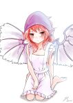  1girl absurdres animal_ears apron barefoot bird_ears bird_wings blush closed_mouth collarbone dated head_scarf highres mystia_lorelei naked_apron pink_eyes pink_hair short_hair signature simple_background sitting solo tattoo tears touhou wariza white_apron white_background white_wings wings yukeyf 