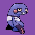  bear_ringer commentary_request croagunk from_side full_body looking_at_viewer no_humans pokemon pokemon_(creature) purple_background simple_background solo teeth yellow_eyes 
