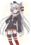  1girl amatsukaze_(kancolle) brown_dress brown_eyes commentary_request cowboy_shot dress garter_straps grey_hair grey_neckerchief hair_tubes highres kantai_collection kitagawa_mikio lifebuoy lifebuoy_ornament long_hair looking_at_viewer neckerchief one-hour_drawing_challenge red_thighhighs sailor_collar sailor_dress short_dress simple_background smokestack_hair_ornament solo standing striped striped_legwear thighhighs two_side_up white_background white_sailor_collar 