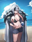  1girl absurdres arlecchino_(genshin_impact) ball bangs bare_shoulders beach beachball bikini black_bikini black_hair blue_sky breasts cloud coat coat_on_shoulders commentary cowboy_shot day english_commentary fur-trimmed_coat fur_trim genshin_impact grey_coat grey_eyes grey_hair grey_shorts hand_on_hip highres holding holding_ball looking_at_viewer medium_breasts multicolored_hair navel ocean open_fly outdoors plabit short_hair short_shorts shorts sky solo standing stomach streaked_hair sweat swimsuit thighs water 