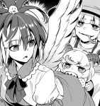  3girls :p animal_on_head bird bird_on_head bird_wings biting chick commentary_request curly_hair dress feathered_wings greyscale hat holding horizontal_pupils horns long_hair looking_at_another monochrome moriya_suwako multicolored_hair multiple_girls niwatari_kutaka on_head open_mouth puffy_short_sleeves puffy_sleeves sharp_teeth sheep_horns shirt short_hair short_sleeves skirt smile teeth tongue tongue_out touhou touhou_gouyoku_ibun toutetsu_yuuma two-tone_hair wide_sleeves wings zounose 