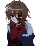  1boy :&lt; alternate_eye_color biack_cioud blood blood_in_hair blood_on_clothes blood_on_face blue_jacket brown_hair closed_mouth commentary_request empty_eyes fur-trimmed_jacket fur_trim hood hood_down hooded_jacket isoi_reiji jacket korean_commentary long_sleeves male_focus open_clothes open_jacket red_shirt saibou_shinkyoku shirt short_hair simple_background solo upper_body white_background yellow_eyes 