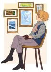  1boy ascot bird blonde_hair boots chair closed_eyes closed_mouth crossed_legs framed from_side gloves highres male_focus mulso one_piece picture_(object) picture_frame sabo_(one_piece) scar scar_on_face sitting sleeves_rolled_up solo white_bird 
