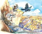  avian bird blue_jay canid canine canis canyon cloud corvid coyote domestic_dog excited feral flying j._c._amberlyn jay_(bird) mammal new_world_jay oscine passerine rodent scared sciurid traditional_media_(artwork) 