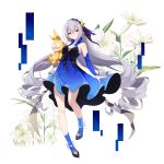  1girl absurdres ai_ke_le_de_xiao_hong bangs bare_legs bare_shoulders blue_footwear bronya_zaychik dress flower full_body grey_eyes grey_hair hair_between_eyes hair_ornament highres homu honkai_(series) honkai_impact_3rd long_hair looking_at_viewer smile solo 