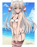  1girl alternate_breast_size amatsukaze_(kancolle) beach bikini blue_sky breasts brown_eyes cleavage cloud commentary_request cowboy_shot day gakky garter_straps grey_hair hair_tubes horizon kantai_collection long_hair medium_breasts ocean one-hour_drawing_challenge outdoors red_thighhighs sky solo striped striped_legwear swimsuit thighhighs two_side_up white_bikini 