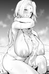  1girl absurdres arm_behind_head bathing breasts forehead_jewel greyscale highres hotate-chan huge_breasts long_hair looking_at_viewer monochrome naruto_(series) nipples nude pubic_hair pussy sitting smile solo towel tsunade_(naruto) wet 