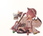  1girl animal_ears bird_ears bird_wings black_socks blush brown_headwear brown_skirt brown_vest buttons can coca-cola collared_shirt coronavirus_pandemic drinking electric_guitar frilled_skirt frilled_sleeves frills guitar highres holding holding_can instrument jagabutter kneehighs long_sleeves mystia_lorelei open_clothes open_vest pink_eyes pink_hair shirt short_hair simple_background skirt socks solo touhou vest white_background white_shirt white_wings winged_hat wings 