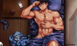  1boy abs artist_name bara bed bed_sheet black_hair blue_eyes closed_mouth facial_hair hand_on_own_chest highres large_pectorals lying male_focus muscular muscular_male naked_sheet navel nipples nude on_back on_bed original pectorals phone pillow sgt_crisis short_hair solo stubble under_covers 