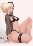  1girl alter_servant arm_support artist_name bikini black_bikini black_scrunchie blonde_hair breasts command_spell dark_persona fate/apocrypha fate/grand_order fate_(series) hand_in_own_hair highres looking_at_viewer medium_breasts mordred_(fate) navel scrunchie sideboob smirk solo strap_gap sweat swimsuit thigh_strap thighs white_background yellow_eyes zealyush 