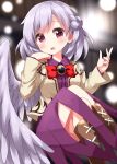  1girl angel_wings boots bow bowtie braid dress feathered_wings french_braid full_moon highres jacket kishin_sagume long_sleeves moon open_clothes open_jacket purple_dress red_bow red_bowtie ruu_(tksymkw) single_wing solo touhou white_wings wings 