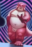  2022 ailurid aipangpangdeyua anthro balls belly big_belly bodily_fluids flaccid genital_fluids genitals hi_res humanoid_genitalia humanoid_hands humanoid_penis hypnosis kemono male mammal mind_control moobs navel nipples overweight overweight_male penis precum red_body red_panda solo 