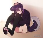  1boy animal_ears ass black_thighhighs collar dog_boy dog_ears dog_tail highres indie_virtual_youtuber long_sleeves looking_at_viewer male_focus matemi paw_print_soles purple_collar purple_eyes purple_hair short_hair shoto_(vtuber) sitting tail thighhighs virtual_youtuber 